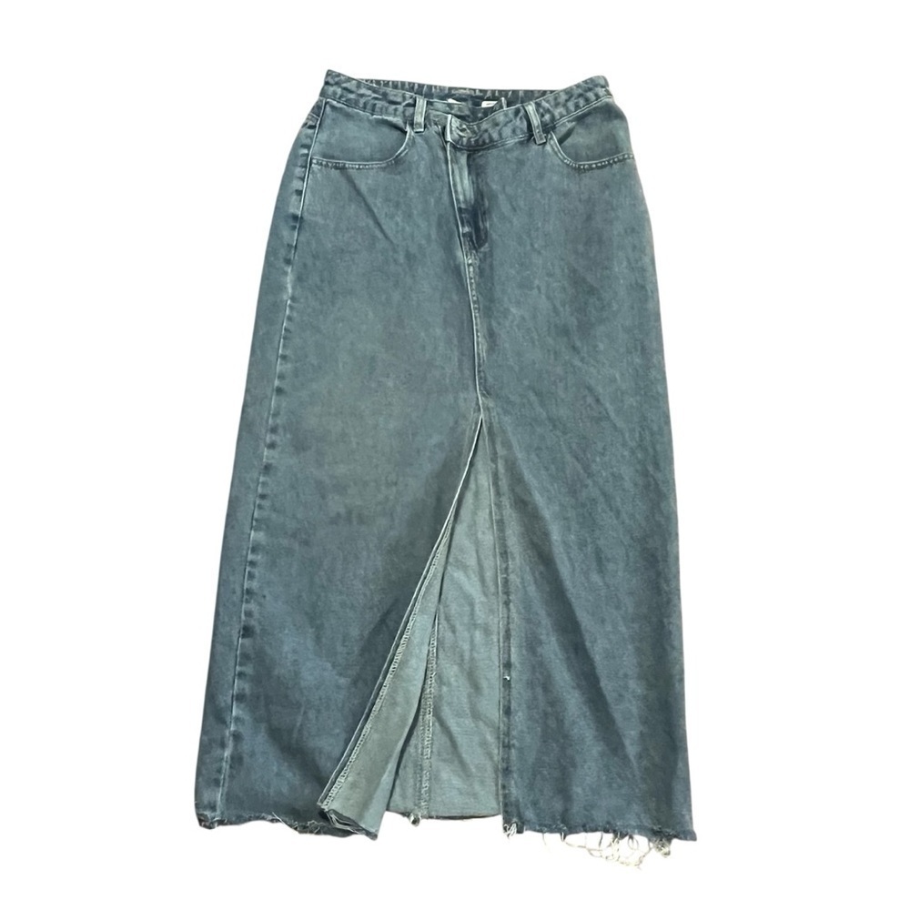 Happily Grey Blue Denim Maxi Skirt with high slit Size 5 trendy basics school